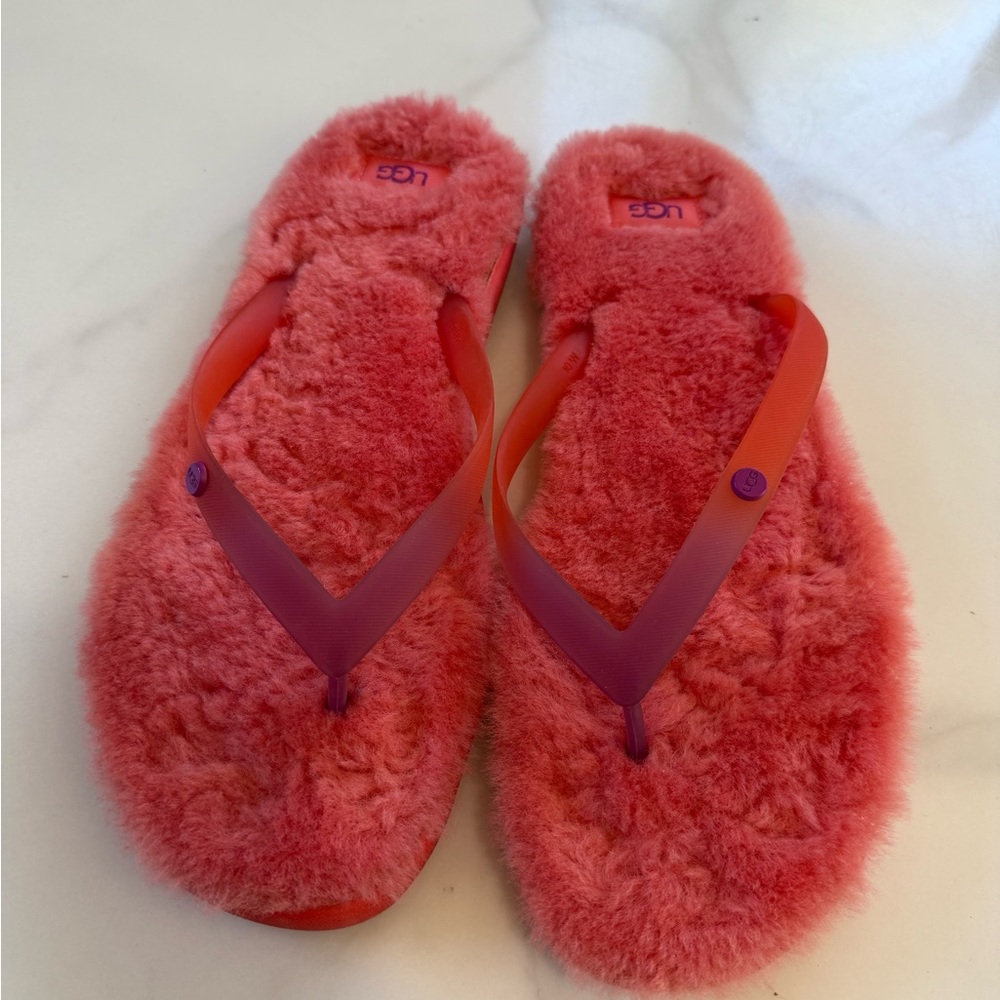 UGG Bright Coral Fluffy Slide Sandals - Picture 2 of 4